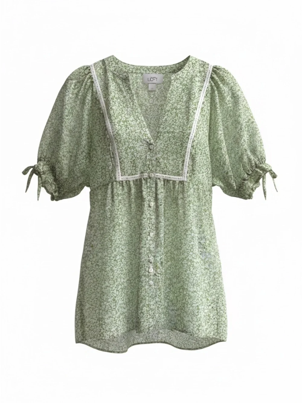 LOFT Green Floral Lace-Trim Puff Sleeve Blouse cotton‎ Cottagecore empire waist